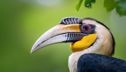 great hornbill on branch on a green background
