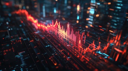 Obraz premium Stock market trends showing an illuminated histogram and a sharp red success arrow moving upward.