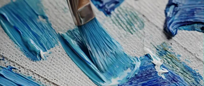 Anamorphic video Closeup of a paintbrush painting on canvas, drawing abstract style picture in workshop, hobby, passion, profession