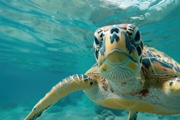 Fototapeta premium Graceful sea turtle swimming underwater