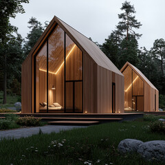 Rustic house surrounded by tall trees in a dense forest creating a serene woodland retreat