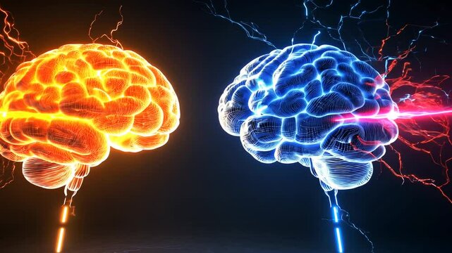 Two glowing, digitally rendered brains connected by energized pathways, showing different brain hemispheres.