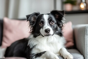 Fototapeta premium Adorable Border Collie resting on a couch, looking directly at the camera. A sweet and curious dog relaxing in a cozy living room setting.
