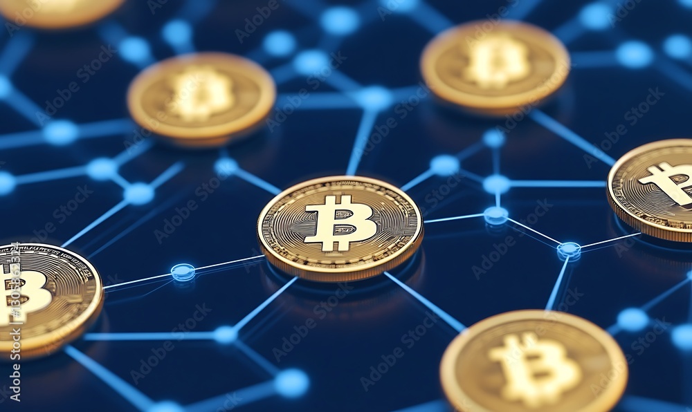Aufkleber Image depicting an interconnected blockchain financial ecosystem with AI elements.