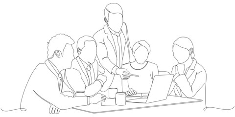 Minimalist One-Line Drawing of a Business Meeting and Team Collaboration