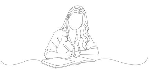 Minimalist One-Line Drawing of a Woman Writing in a Notebook