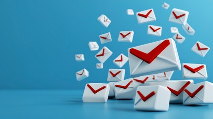 Email Symbols in Motion with Red Seals on a Blue Background