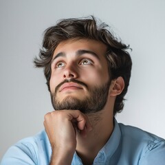 Obraz premium Thoughtful Millennial Man with Beard in Casual Shirt Posing in Studio - Reflective Portrait Expression of Contemplation and Mindfulness