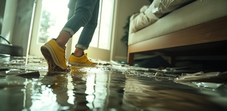 Person Walking Through Flooded Room in Yellow Shoes
