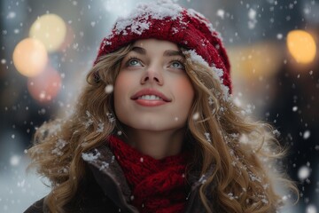 Cheerful Woman with Curly Hair in Winter Wonderland: Festive Fashion & Joyful Portrait
