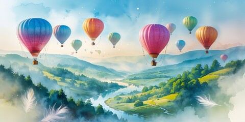 Obraz premium Colorful hot air balloons drift over a serene valley at sunrise amidst trees and water