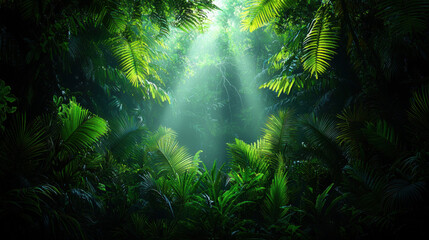 Beautiful jungle scene with sunlight streaming through the leaves creating a dappled light effect