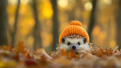 Obraz premium Adorable hedgehog wearing an orange knitted hat amidst autumn leaves. (1)