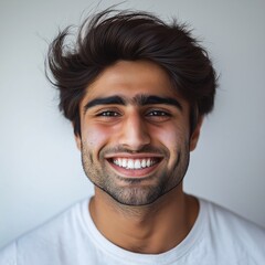 Fototapeta premium Smiling Portrait of Young Man in Casual Attire: Confident Male Model with Joyful Expression and Attractive Appearance