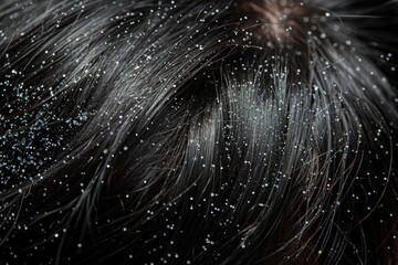 Close-up of shiny hair with glitter particles