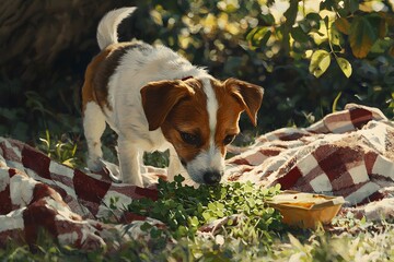Cute puppy exploring green plants in a sunny outdoor picnic setting