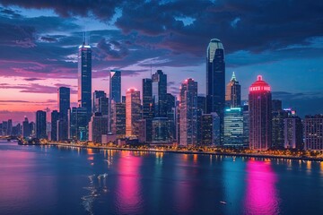 Fototapeta premium Dynamic City Skyline at Dusk with Thriving Nightlife Energy