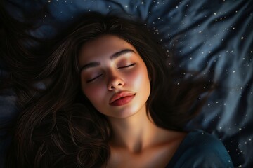 Intimate Portrait of Serene Woman Stargazing in Silky Blue Fabric &ndash; Close-Up Photography of Natural Beauty in Soft Light