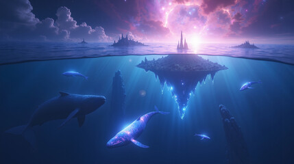 Surreal Cosmic Ocean with Bioluminescent Whales