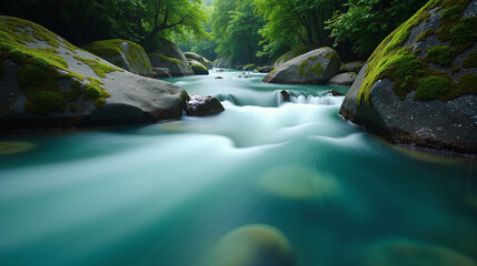 Liquid Marble River with Moss Boulders