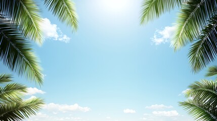 Naklejka premium Bright Blue Sky Framed By Lush Green Palm Tree Leaves
