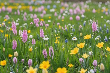 Lush Green Meadow Brimming with Colorful Spring Flowers and Blooms