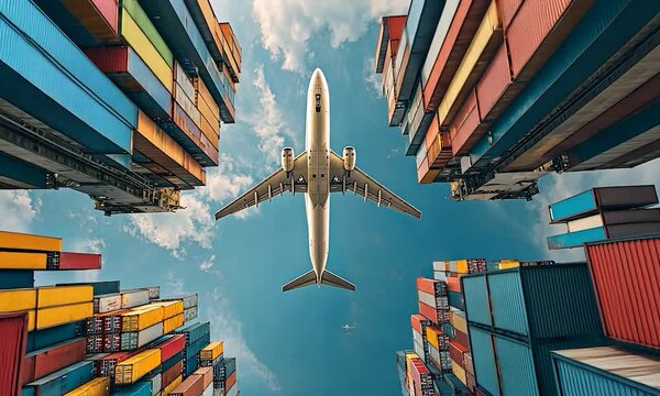 An airplane flying between shipping containers against a bright blue and cloudy sky.