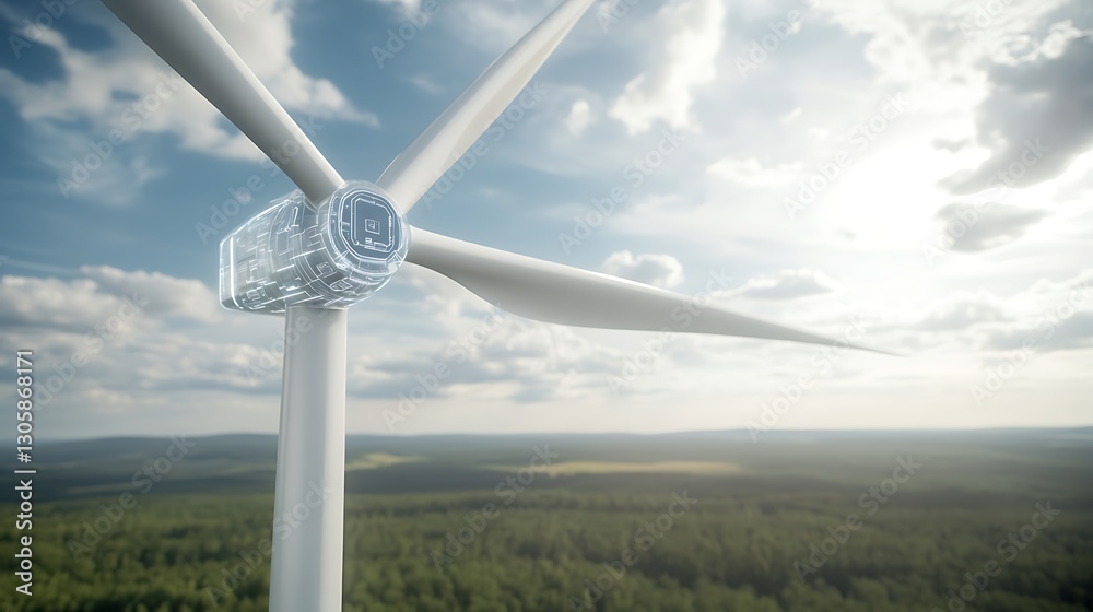 Poster futuristic transparent wind turbine captured in a close-up view, showcasing innovative design and te