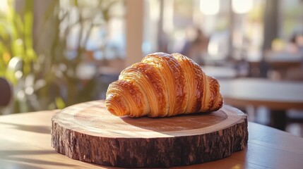 Freshly Baked Croissant Resting on Wooden Board in Bright Cafe Setting