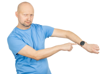 Impatient bald man pointing at smartwatch on wrist