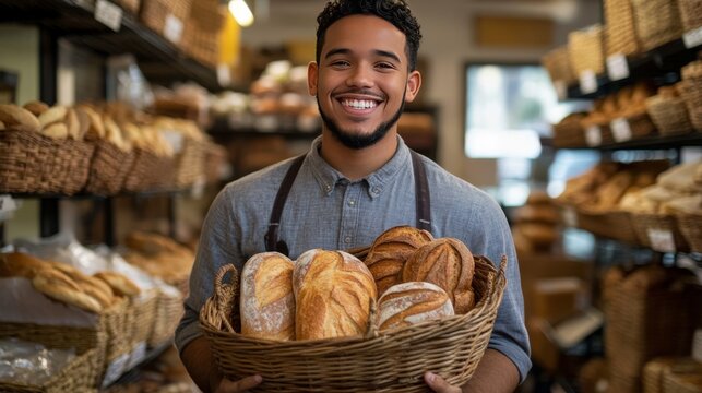 Handsome young man smiling in a bakery while holding a basket of assorted fresh bread with shelves of baked goods in the background