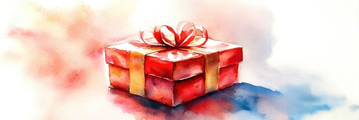 Colorful watercolor gift box with a ribbon, perfect for celebrations.