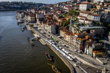 View of the Douro riverbank and historic buildings from high above.