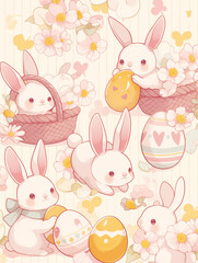 easter seamless pattern with rabbits and easter eggs, Easter pattern, cute bunnies with easter eggs, holiday patterns, spring patterns