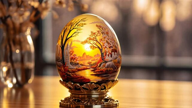 Glass Easter egg on golden stand on table. Beautiful painted egg with trees. Faberge style