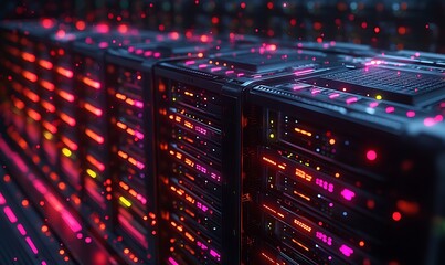 A vibrant image of a crypto mining farm showcasing illuminated server racks.