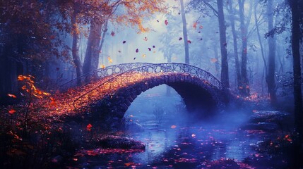 Mystical Autumn: Stone Bridge in Enchanted Forest with Falling Leaves