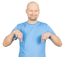 Studio shot of smiling man pointing down with index fingers
