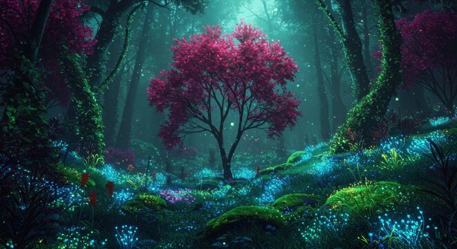 A vibrant mystical forest scene featuring a blooming pink bottlebrush tree surrounded by colorful flora and soft lighting