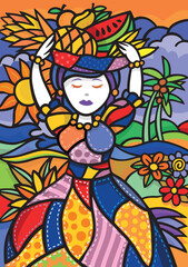 Beautiful and multicolored illustration of a Bahiana. Art in a graphic and casual style, with a tropical and coastal atmosphere.