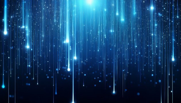 Abstract Glowing Blue Particles with Light Trails in Dark Space