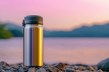 Stainless Steel Water Bottle Standalone on Rocky Shore Against Beautiful Sunset Landscape