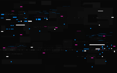 Glitch color pixels. Modern distorted texture with random lines and dots. Game background template with noise. Damaged video effect for brochure or poster. Vector illustration.