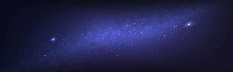 Fototapeta premium Milky Way galaxy. Glowing deep space with bright stars. Magic spiral galaxy. Universe with stardust for banner or website. Starry cosmos wallpaper. Vector illustration.