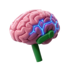 Detailed 3D of a human brain model  showcasing the complex anatomical structure and color coded regions representing different functions and processes of the central nervous system