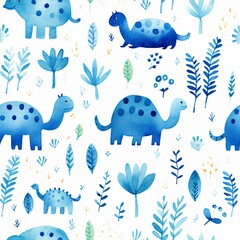 Obraz premium Blue dinosaur pattern for kids. Cute prehistoric animals with plants on white background. Nursery wallpaper, fabric print, wrapping paper design for children's room decor.