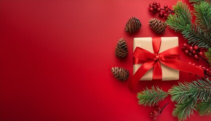 a beautifully wrapped gift with a red bow sits next to evergreen branches red berries and pinecones on a vibrant red backdrop perfect for capturing holiday cheer and festive celebrations