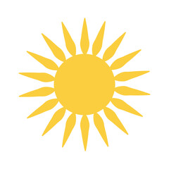 Sun icon vector. Bright yellow shape. Solar energy emblem. Flat sunshine.
