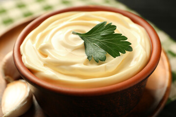 Delicious mayonnaise sauce with parsley in bowl on table, closeup