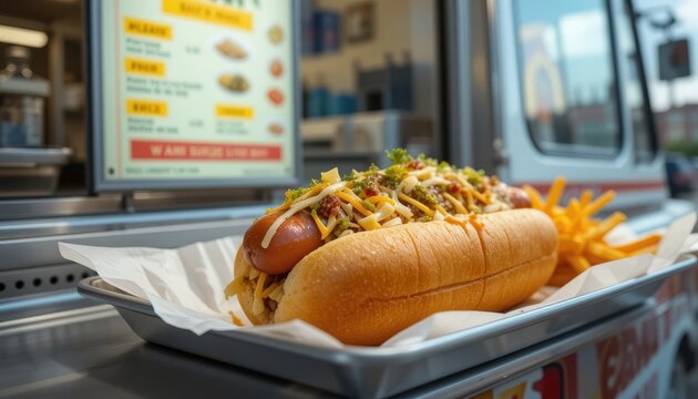 Delicious hot dog feast at food truck urban setting fast food outdoor close-up culinary delight